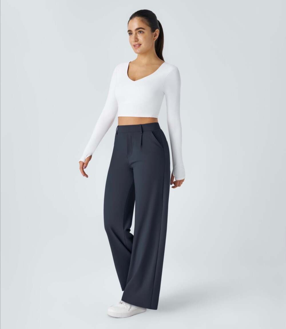 Halara High Waisted Pleated Side Pocket Wide Leg Work Pants#608